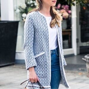 ZARA Basic BlueWhite Tweed Open Front Jacket Women’s XL Tribal Woven Fringe Coat